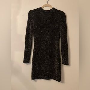 Windsor mock neck, long sleeve sparkly black mini dress. Women’s size small.